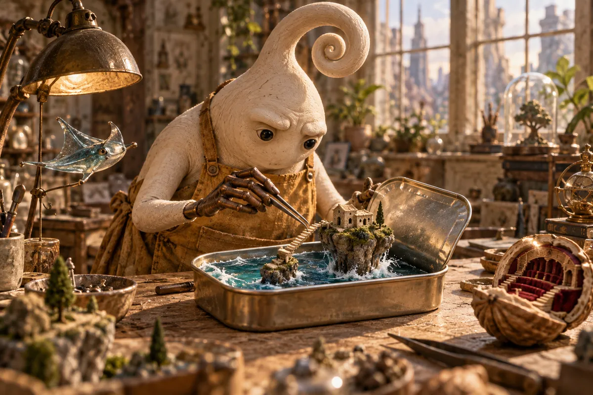 The Slopwright, a pale creature with a curled head and a work apron, uses tweezers to place a tiny house on an island inside an open sardine tin full of sea. A walnut holding a miniature theatre sits nearby.