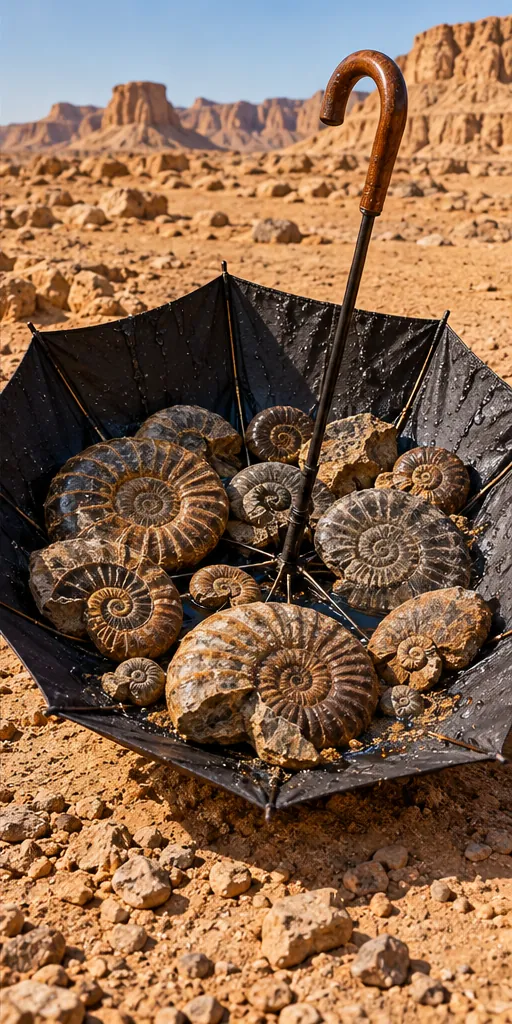 An open black umbrella lies upside down in a sunbaked desert, filled to the brim with fossil ammonites. The forecast, eventually, was stone.