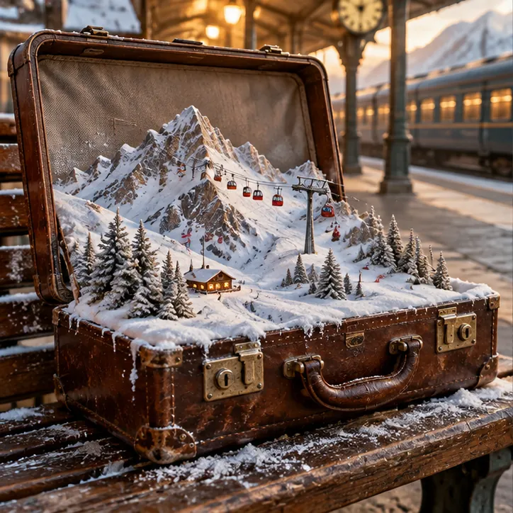 An old leather suitcase on a station bench opens onto a snowy mountain with pine trees, a chalet and a cable car.