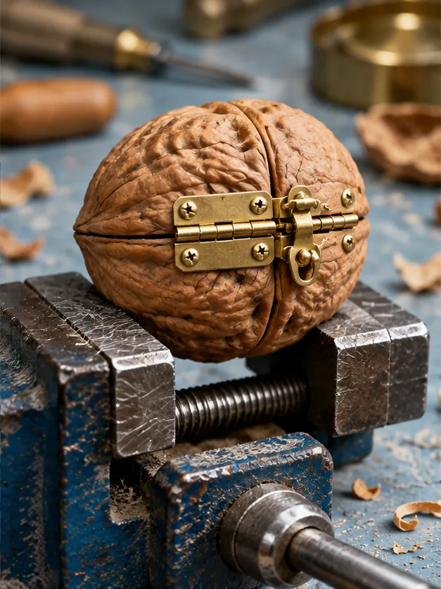 A walnut sits squeezed in a blue bench vice, fitted with a tiny brass hinge and latch like a jewellery box. Whatever's inside is not coming out without a warrant.