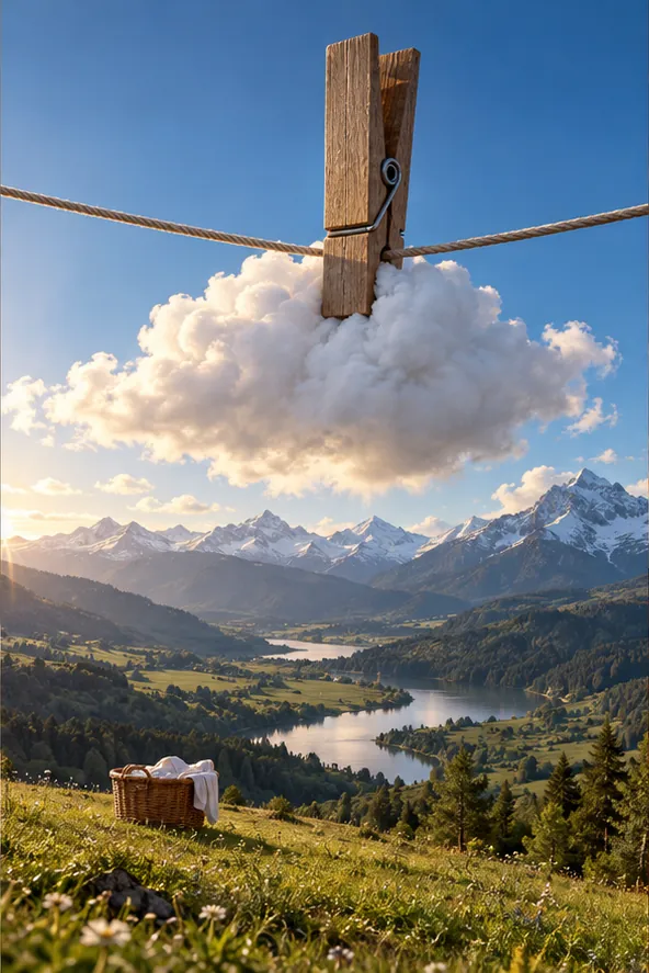 A single cloud hangs from a washing line by a wooden peg, high above a mountain valley. The laundry basket waits in the grass.