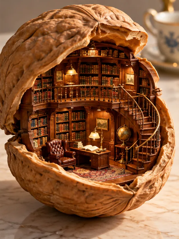 A cracked walnut on the breakfast table holds a whole wood-panelled library, with a spiral staircase and a reading chair.