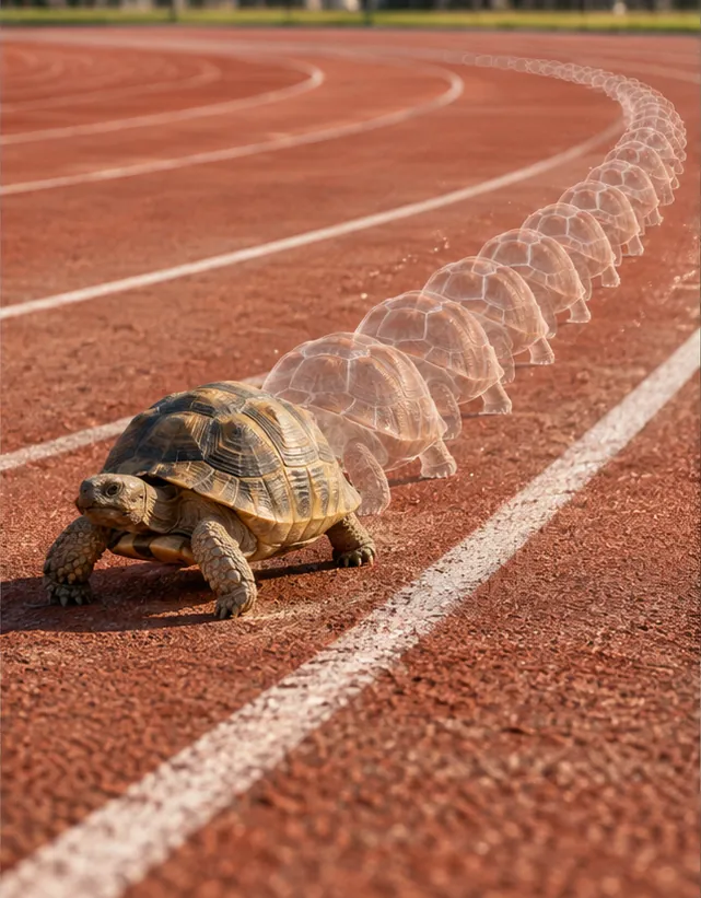 A tortoise plods along a red running track, trailing a long line of glassy copies of its shell around the bend behind it.