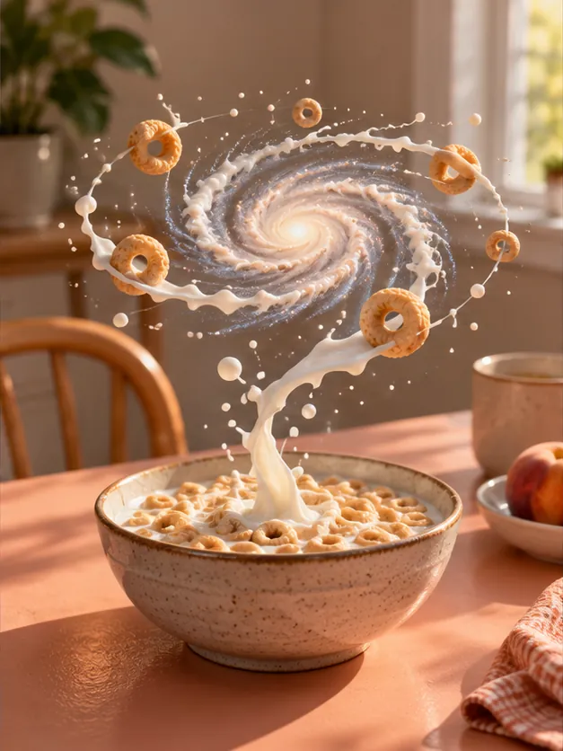 Milk spirals up out of a cereal bowl into a small galaxy, with cereal rings orbiting like planets. Breakfast is served at light speed.