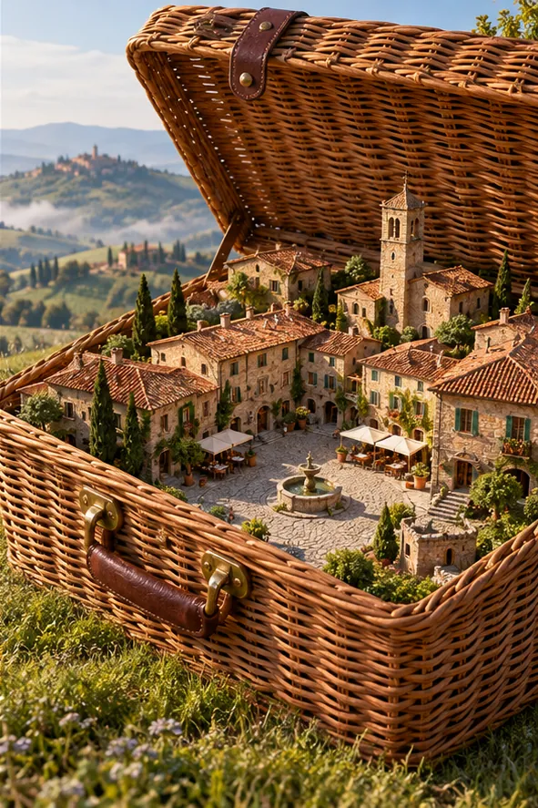 An open wicker picnic basket on a hillside holds a whole hilltop village, with a bell tower, a piazza and a fountain.
