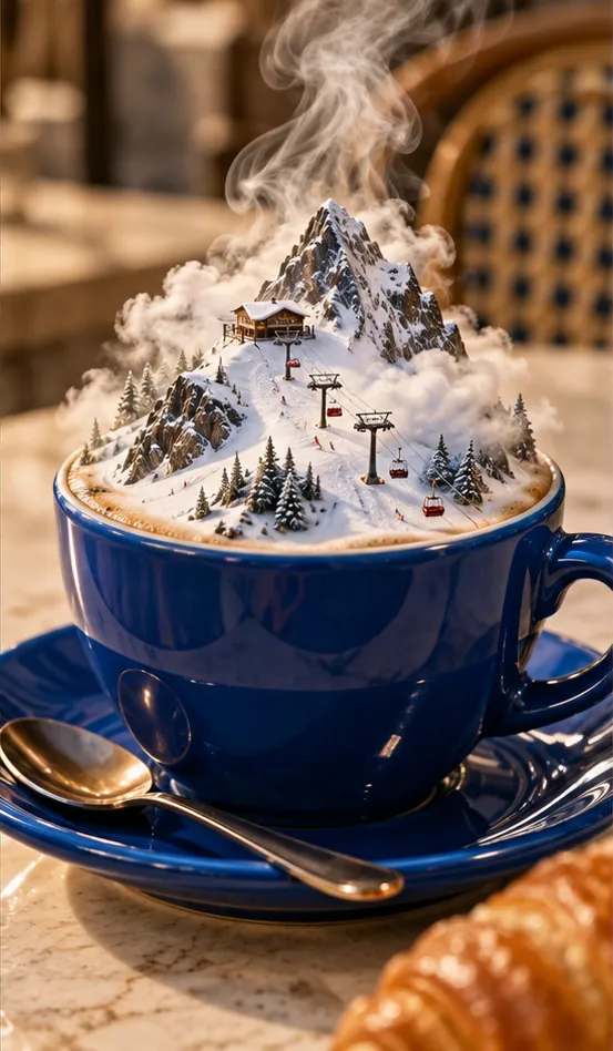 A snowy mountain rises from the foam of a blue coffee cup, ski lift and chalet included. The steam doubles as cloud cover.