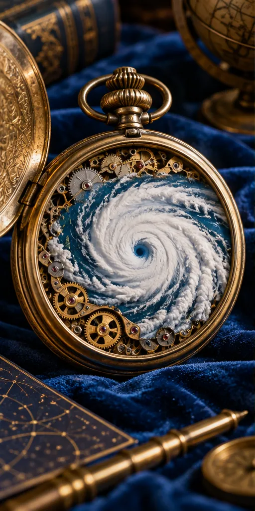 An open gold pocket watch holds a hurricane in place of a dial, its clouds turning over the gears on a velvet desk.