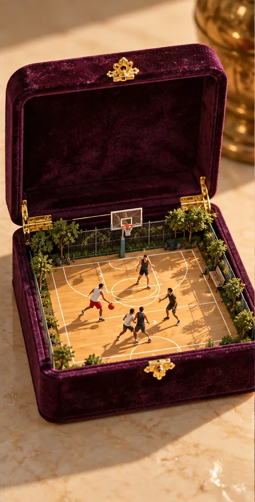 A velvet jewellery box opens onto a tiny basketball court, a game in full swing where the ring should be.