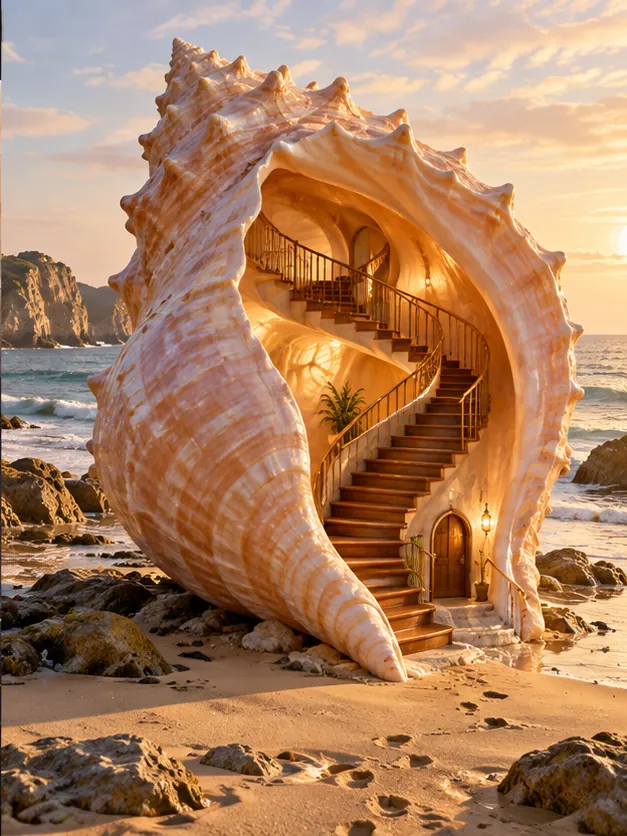 A giant conch on the beach opens onto a spiral staircase and a warm, lit doorway. Surprisingly roomy for a shell.