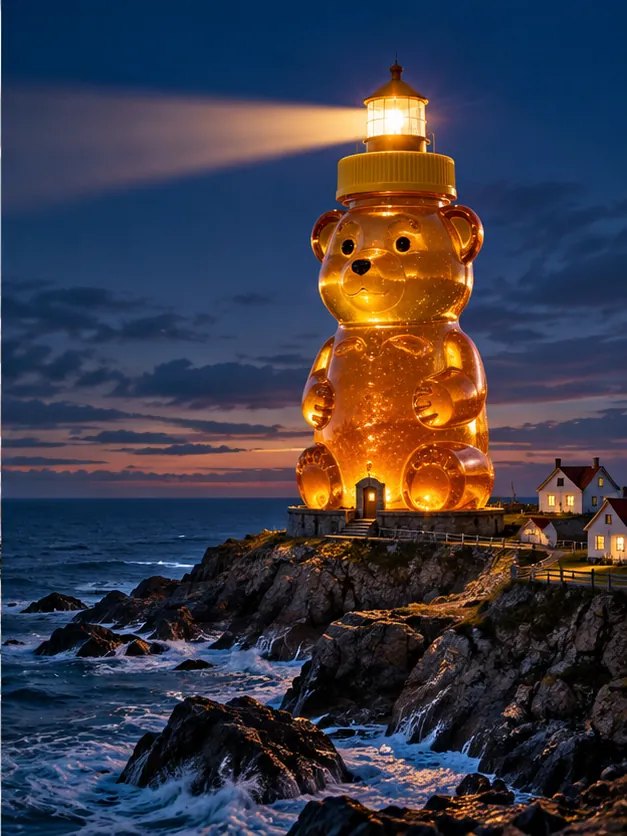A honey-bear bottle stands in for the lighthouse on a rocky point at dusk. Ships arrive slightly sticky.