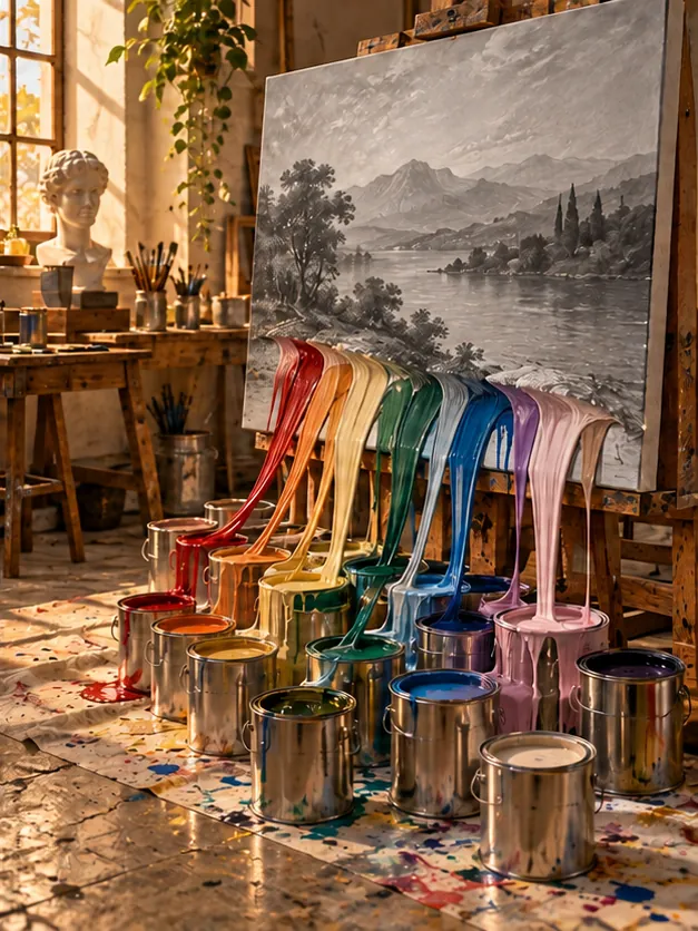 Every colour drains out of a landscape painting on an easel and runs in neat rainbow streams back into the open paint tins on the studio floor. The painting is left in grey, considering its choices.
