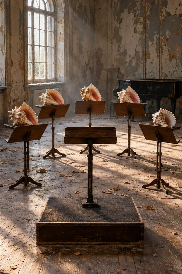 In a crumbling, sunlit rehearsal hall, a ring of music stands faces a conductor's podium, each stand holding a conch shell instead of sheet music. The sea is playing tonight, from memory.