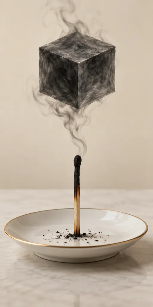 A single spent match stands in a gold-rimmed saucer, its smoke rising and setting into a solid grey cube in mid-air. Some fires go out. This one went geometric.
