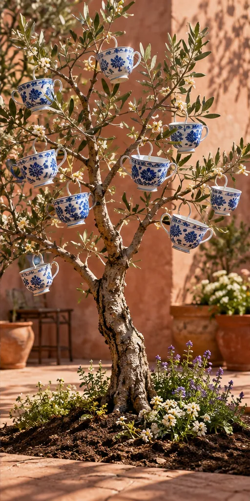 An olive tree in a sunny courtyard grows blue-and-white teacups instead of fruit.