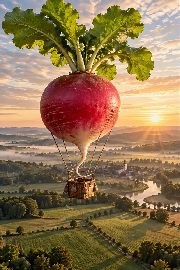 A giant red radish floats over patchwork farmland at sunrise, a wicker basket hanging from its root.
