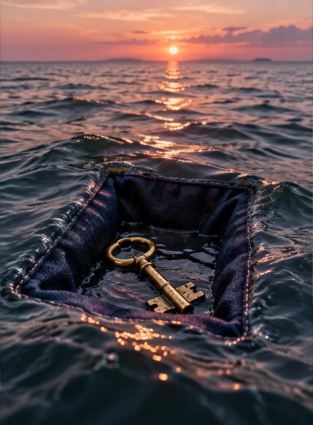 At sunset, the surface of the sea folds into a stitched denim pocket holding a single old brass key. Check before you wash it.