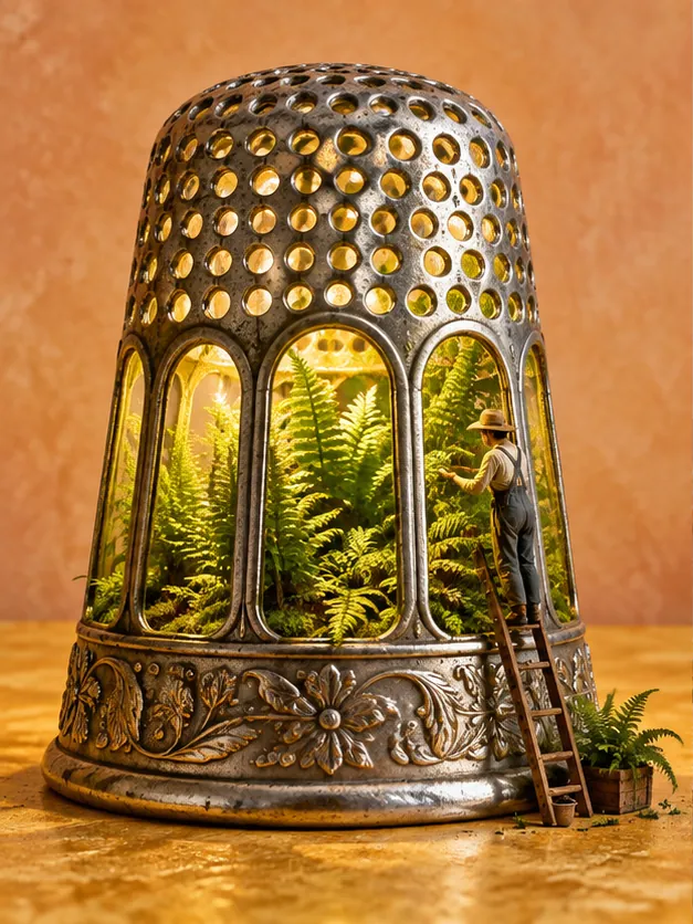 A silver thimble glows with ferns growing inside it, while a tiny gardener climbs a ladder to tend them.