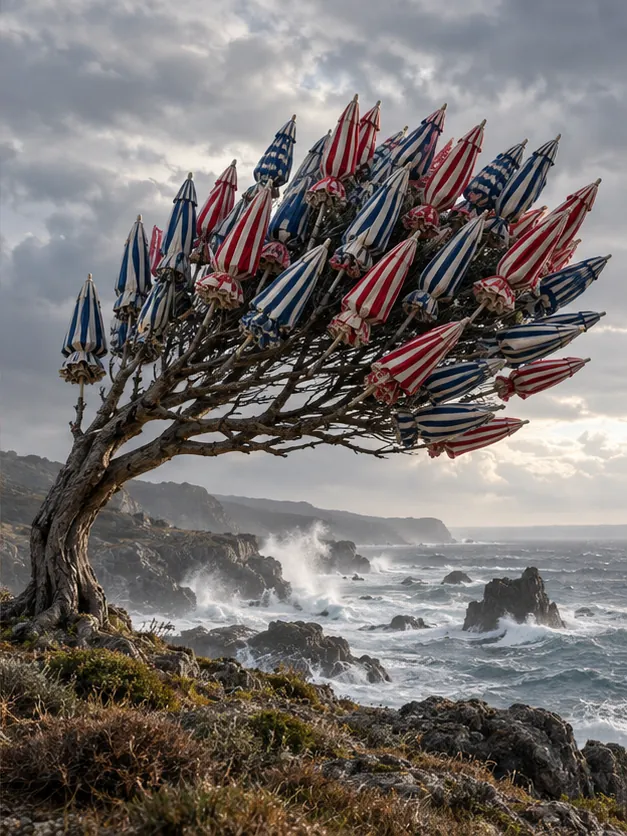 A windswept tree on a stormy cliff is covered in striped umbrellas instead of leaves.