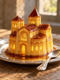 A caramel-glazed custard pudding shaped like a cathedral sits on a silver plate, lit from inside.