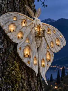 A huge white moth rests on a tree trunk at night, its wings a hotel of glowing windows with a little balcony.