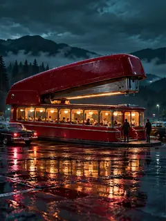 A glossy red stapler becomes a roadside diner on a rainy night, its long window full of late customers.