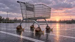 In a wet, empty car park at sunset, a shopping cart rolls on four snails instead of wheels, their trails glinting on the tarmac. It will get there; the shop will be closed.