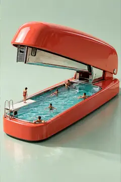A red stapler opens to reveal a blue swimming pool, with tiny swimmers doing lengths on a mint desk.