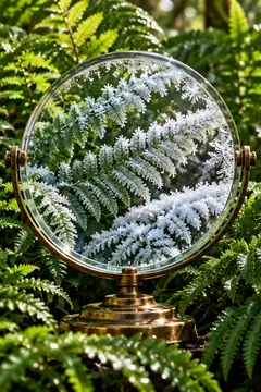 A round brass-framed mirror stands among green ferns, and the fern it reflects is covered in white frost.