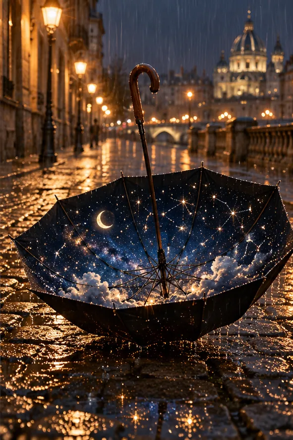 An upturned umbrella on a wet cobbled street at night holds a whole starry sky, crescent moon and all.